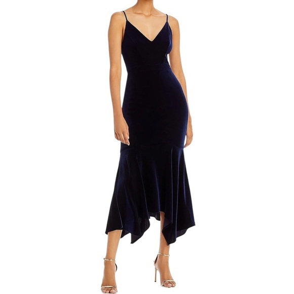 NWT AQUA Blue Sleeveless Mermaid Silhouette Back Zip Midi Velvet Dress Size 8 - Picture 3 of 5